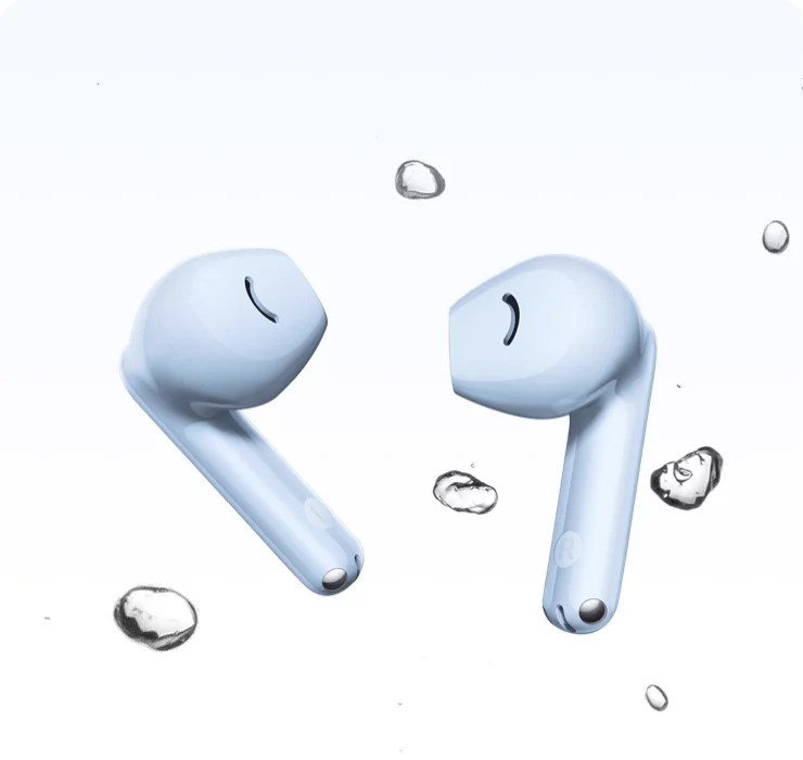 Earbuds among water drops