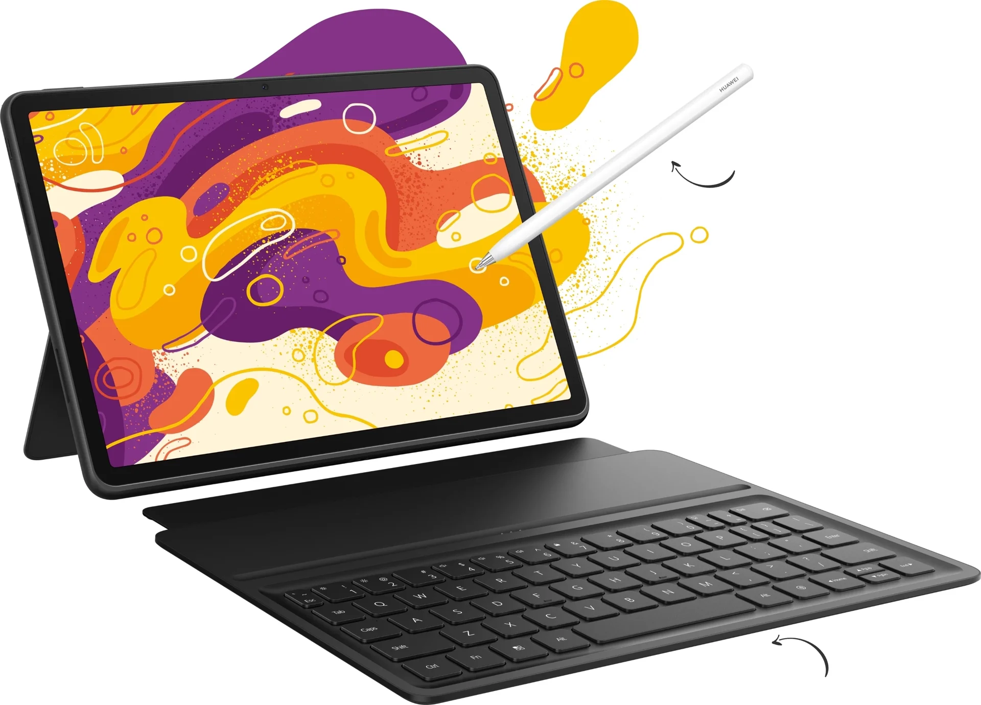 The tablet with a keyboard and stylus
