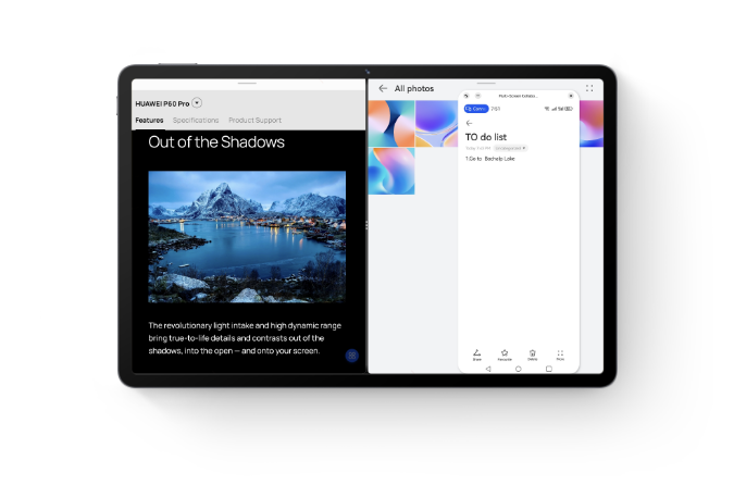 The tablet screen split into two windows