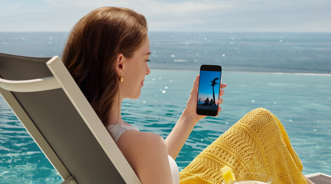 A woman with her phone by the pool