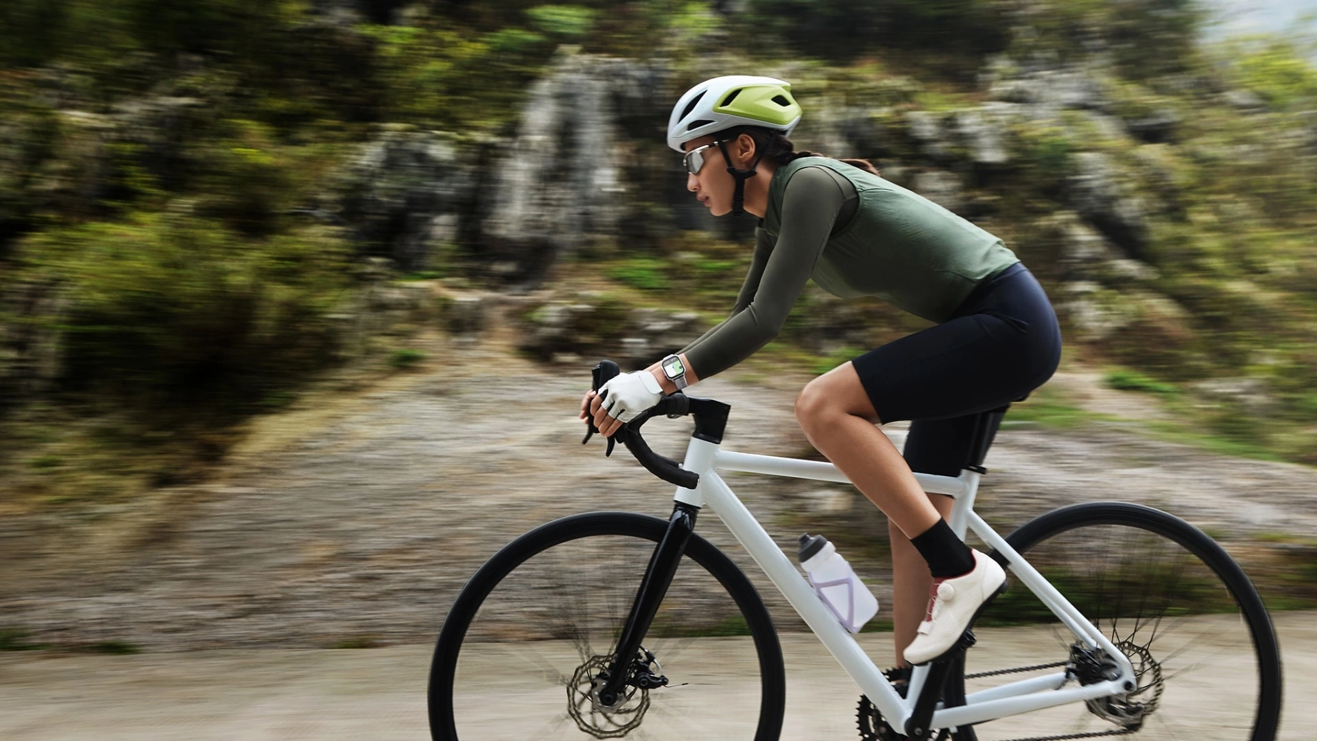 A cyclist on a mountain road