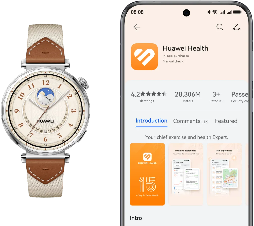 Часы и Huawei Health на смартфоне